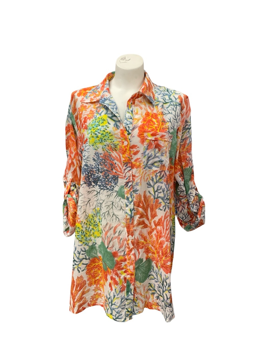 True Destination Coral Long-Sleeve Button Tunic Dress Orange Multicolor Size L